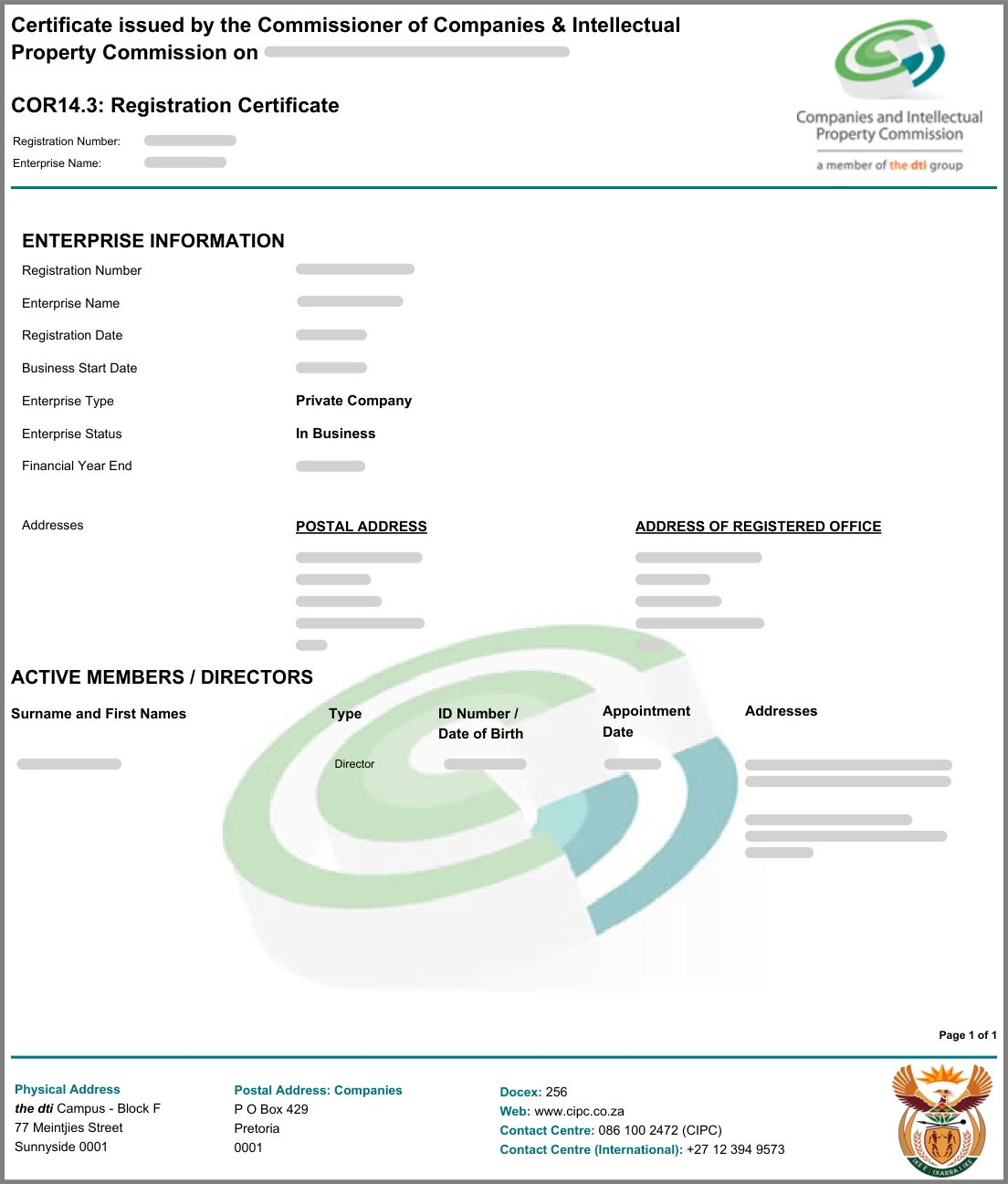 Example CIPC CoR14.3 Registration Certificate with personal details removed